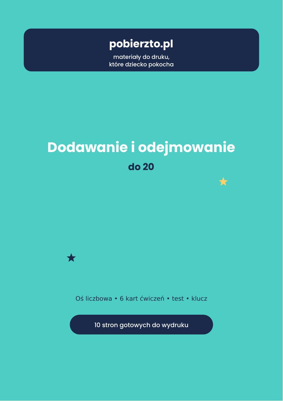 Dodawanie i Odejmowanie do 20, okładka zestawu PDF do druku