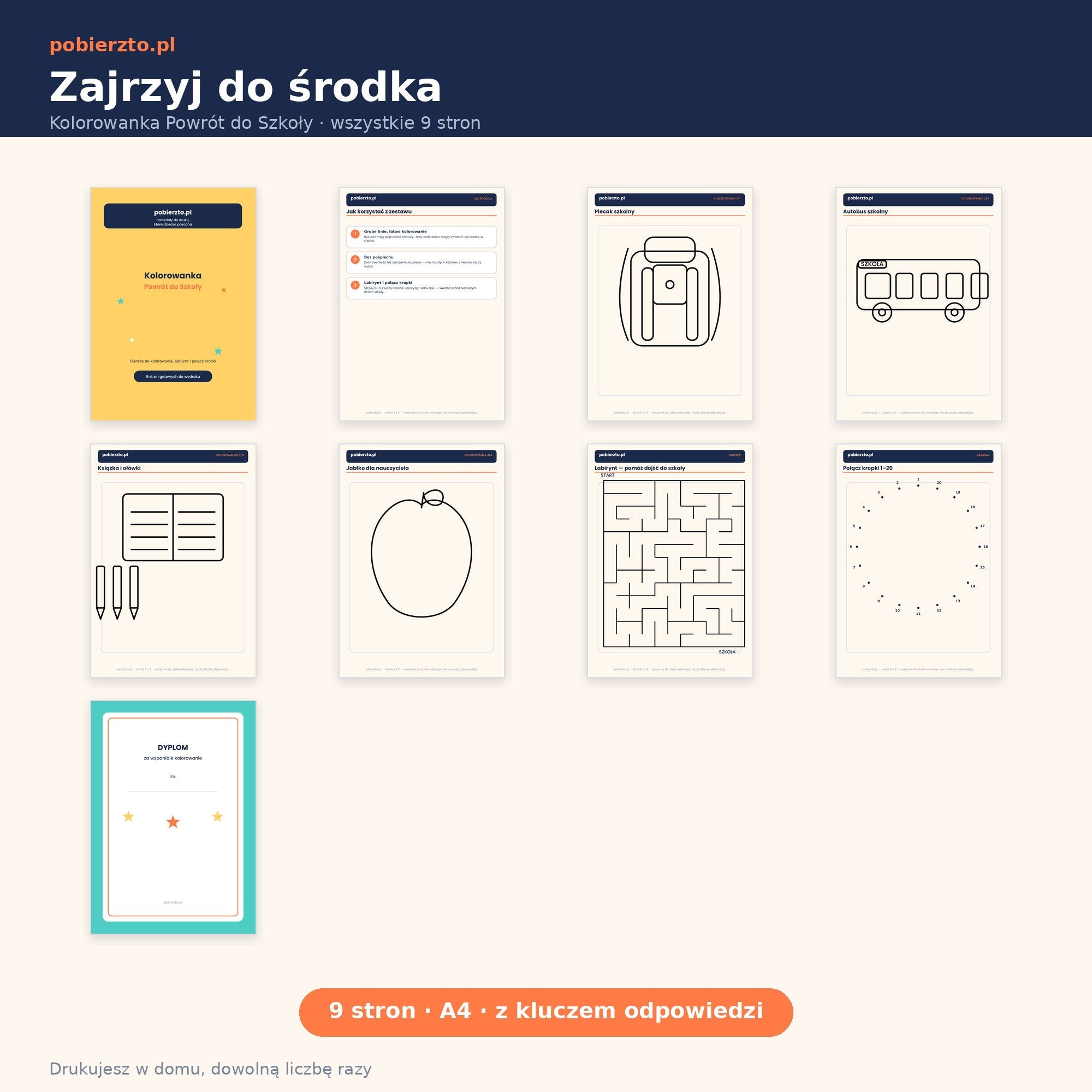 Kolorowanka Powrót do Szkoły — podgląd wszystkich 9 stron