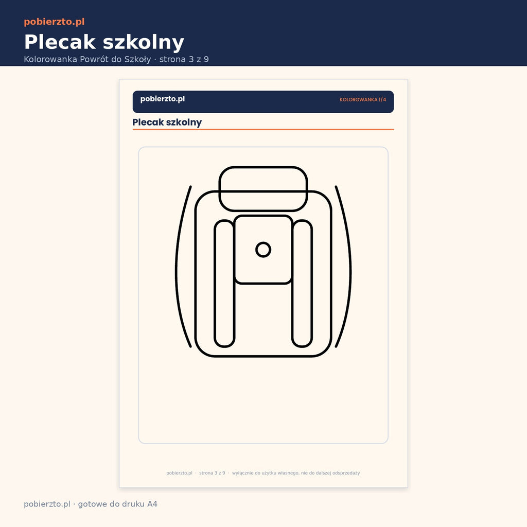 Kolorowanka — plecak szkolny, grube linie