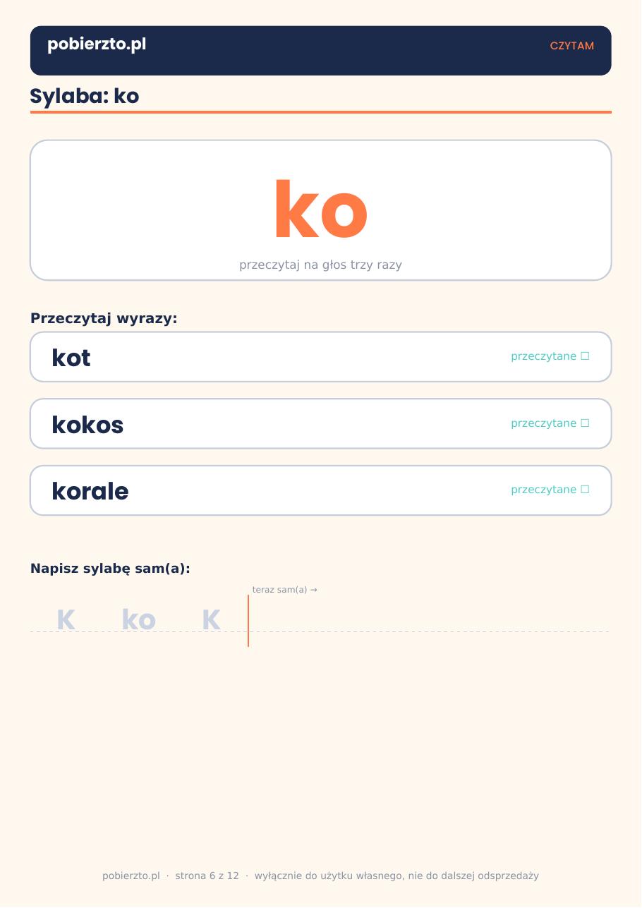 Nauka czytania — karta pracy z zestawu