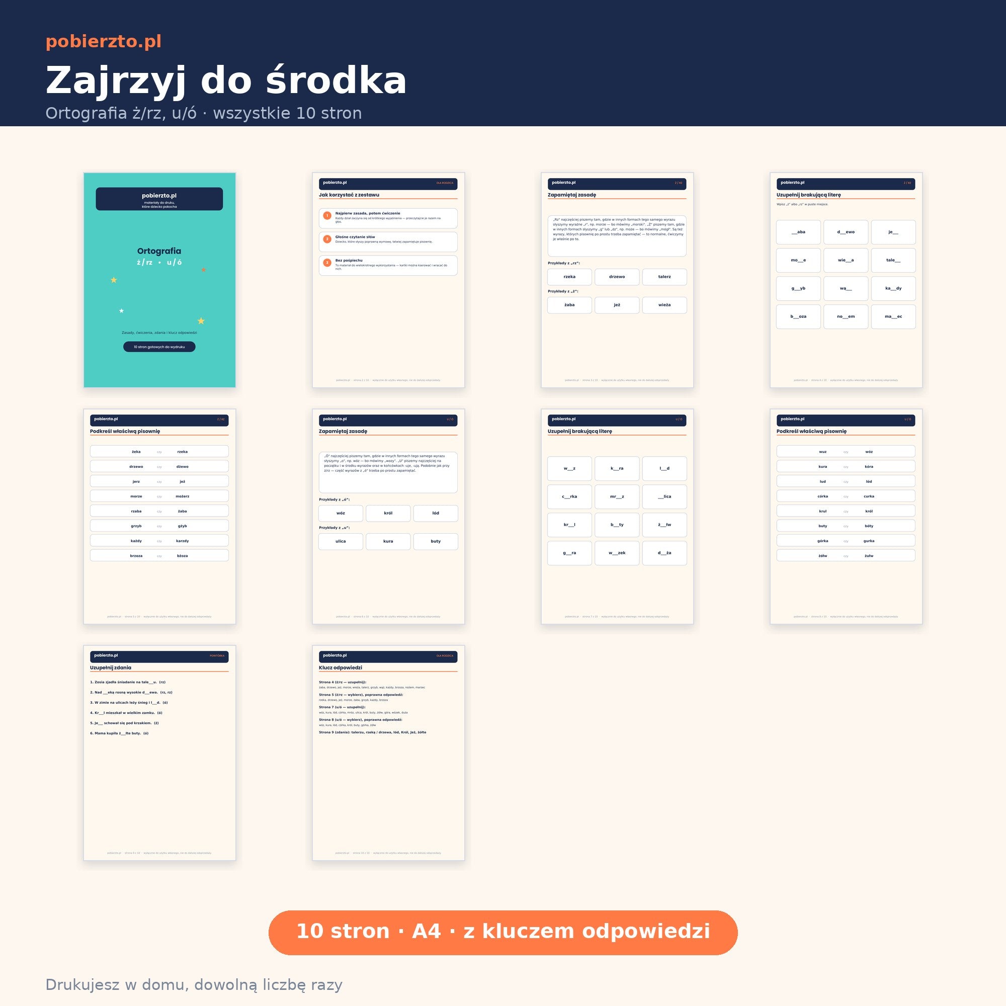 Ortografia ż/rz, u/ó — podgląd wszystkich 10 stron PDF do druku