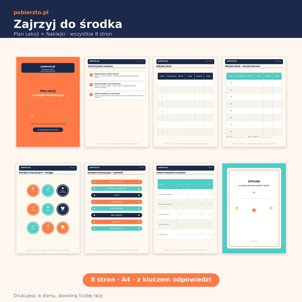 Plan lekcji i naklejki — podgląd wszystkich 8 stron