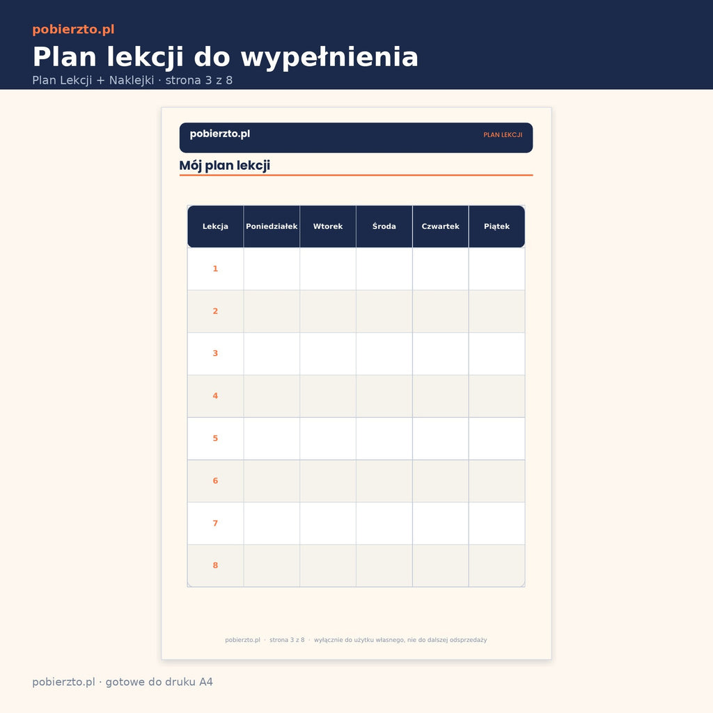 Plan lekcji do samodzielnego wypełnienia