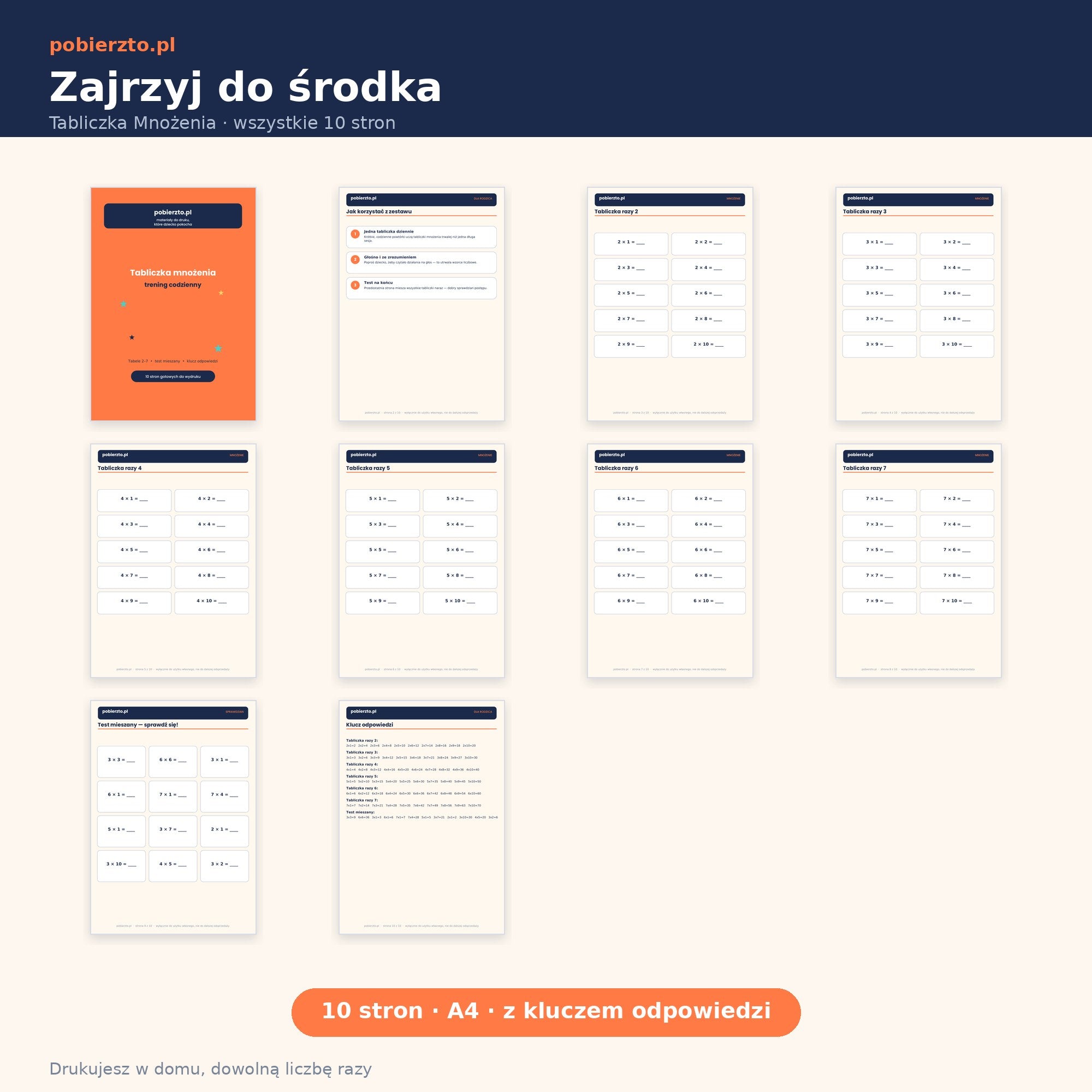 Tabliczka mnożenia — podgląd wszystkich 10 stron PDF do druku