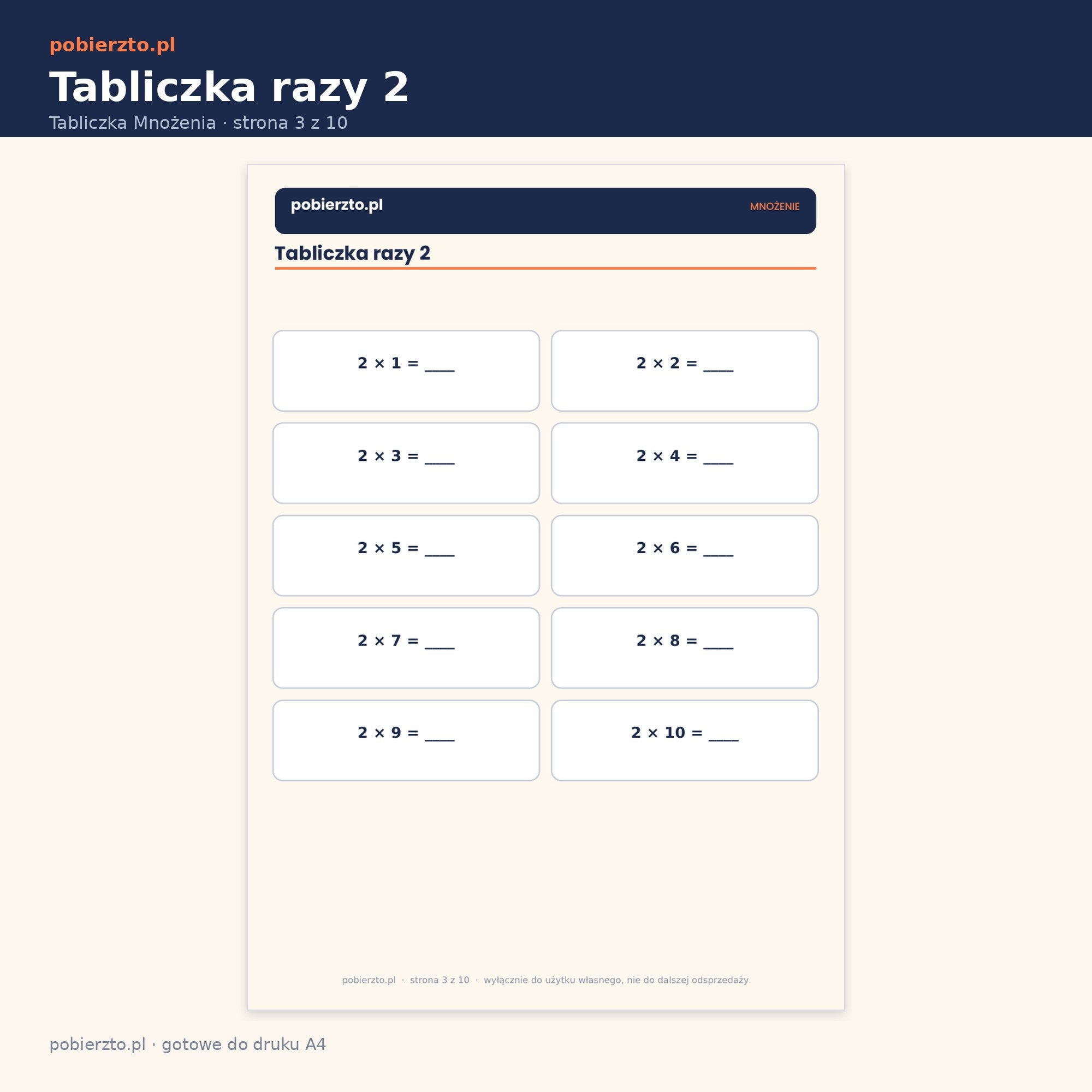 Karta ćwiczeń — tabliczka mnożenia razy 2