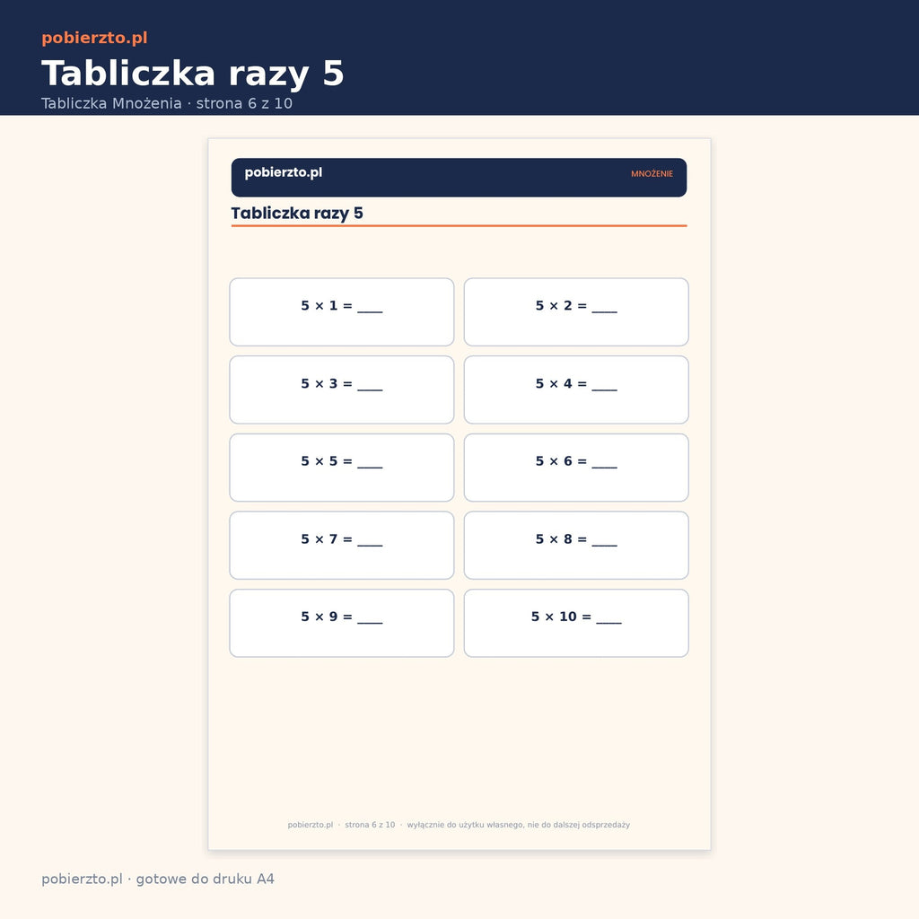 Karta ćwiczeń — tabliczka mnożenia razy 5
