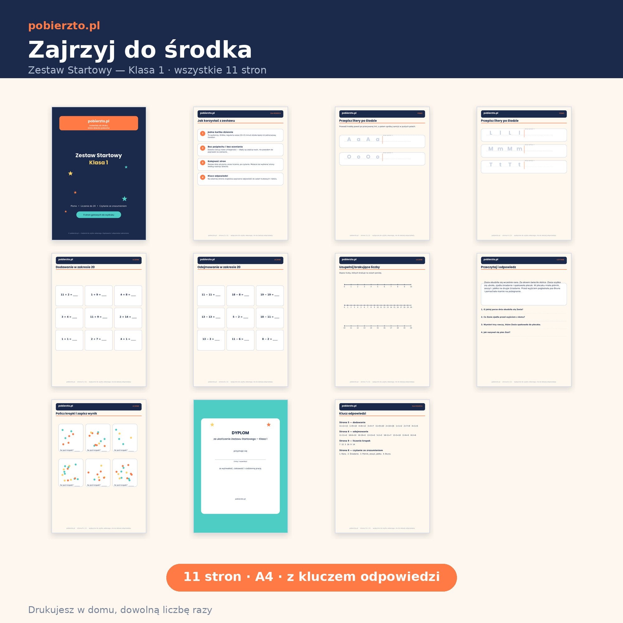 Zestaw Startowy Klasa 1 — podgląd wszystkich 11 stron PDF do druku