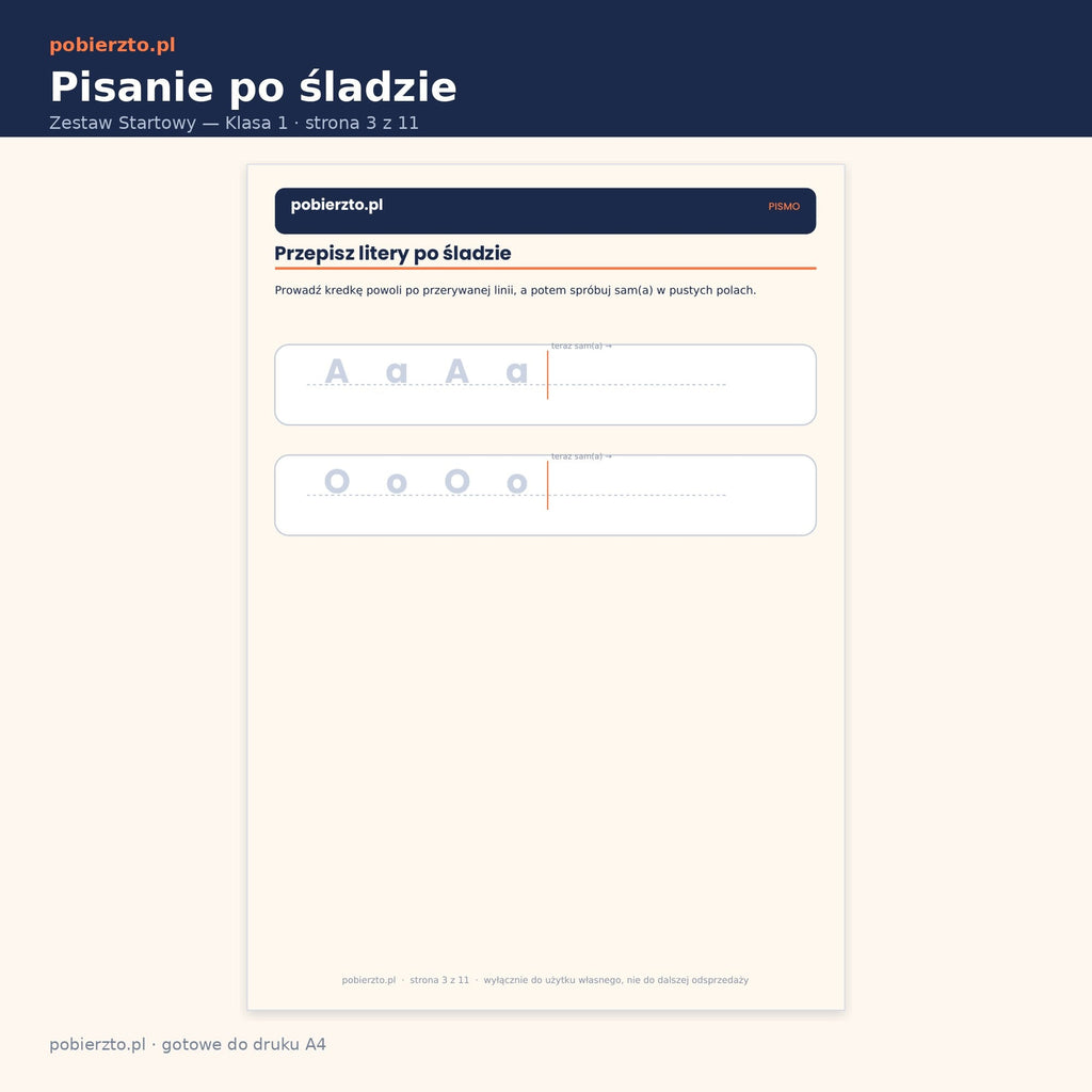 Karta pracy — pisanie liter po śladzie dla klasy 1