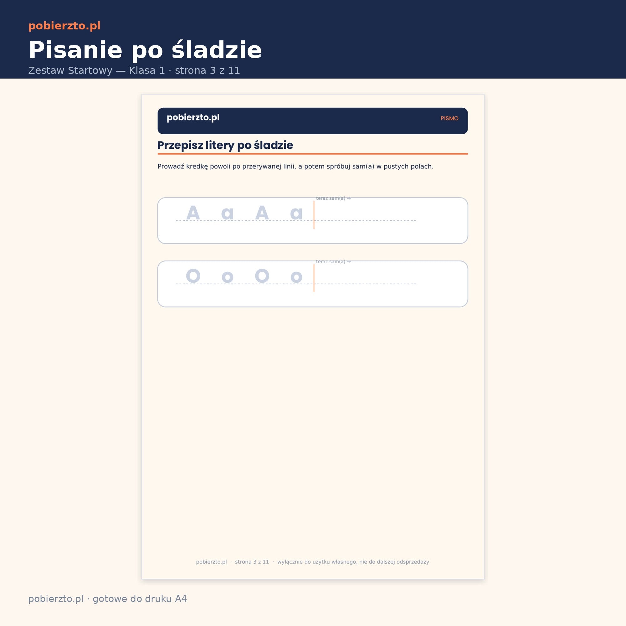Karta pracy — pisanie liter po śladzie dla klasy 1