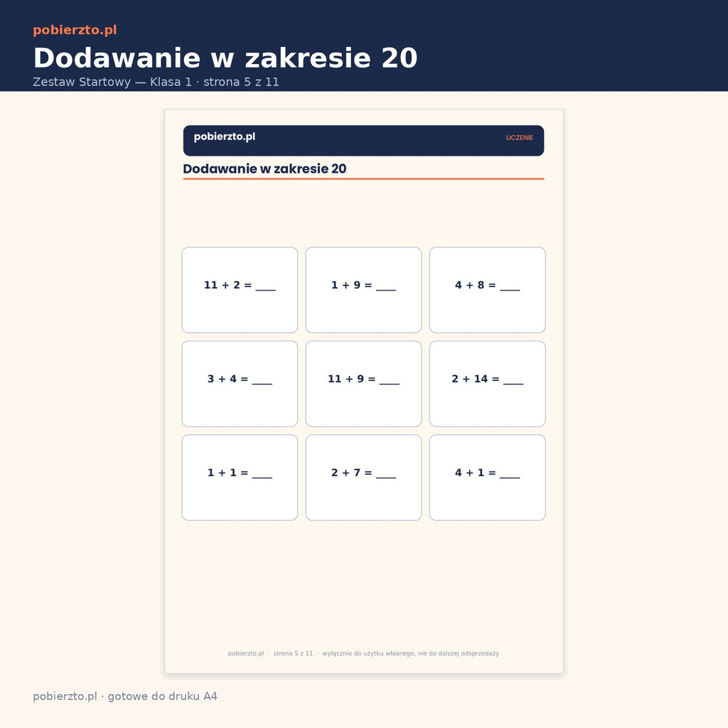 Karta pracy — dodawanie w zakresie 20