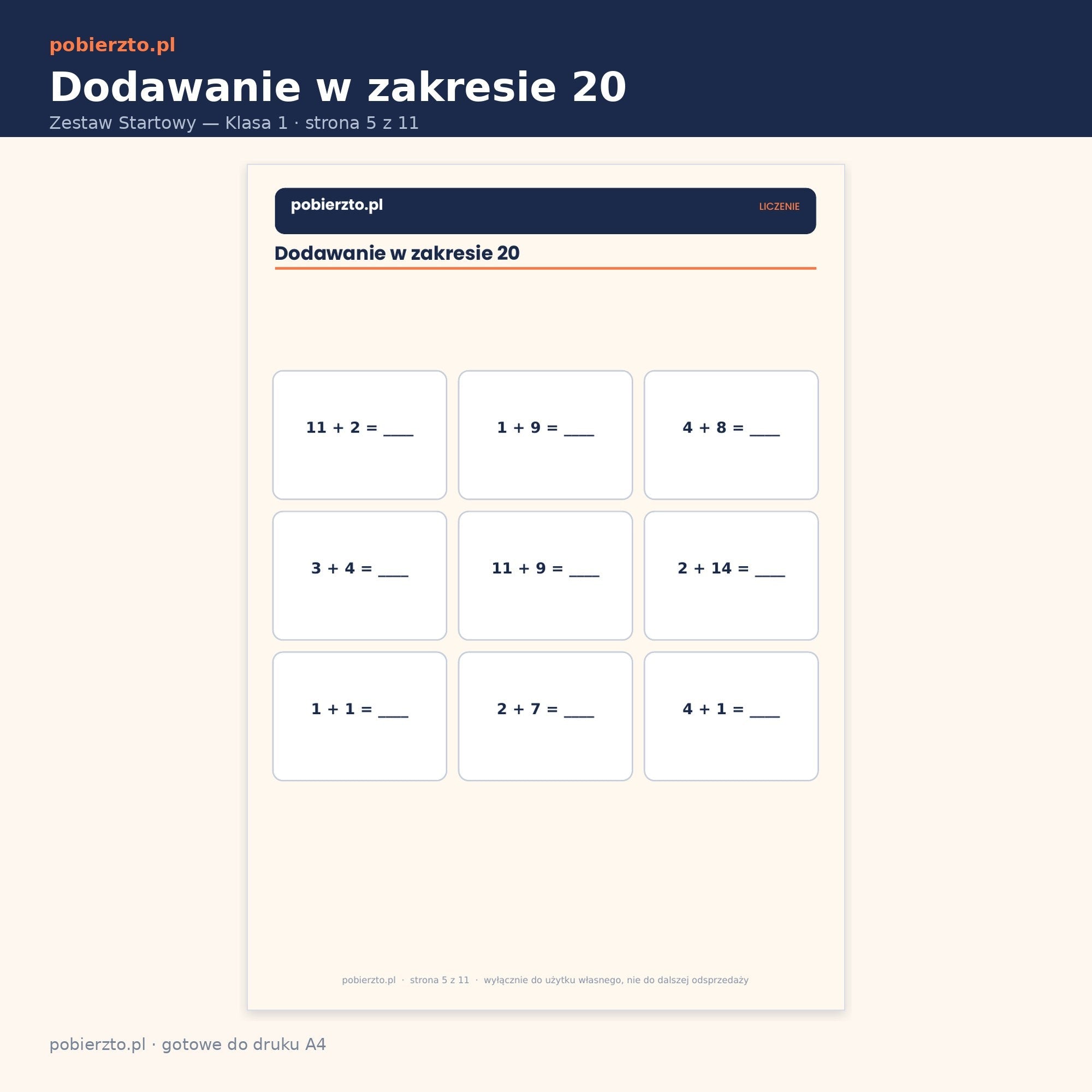 Karta pracy — dodawanie w zakresie 20