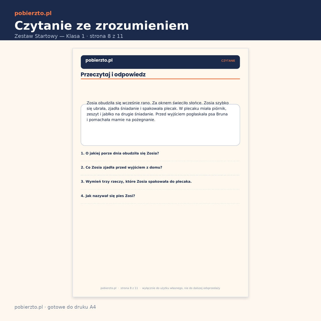Karta pracy — czytanie ze zrozumieniem z pytaniami