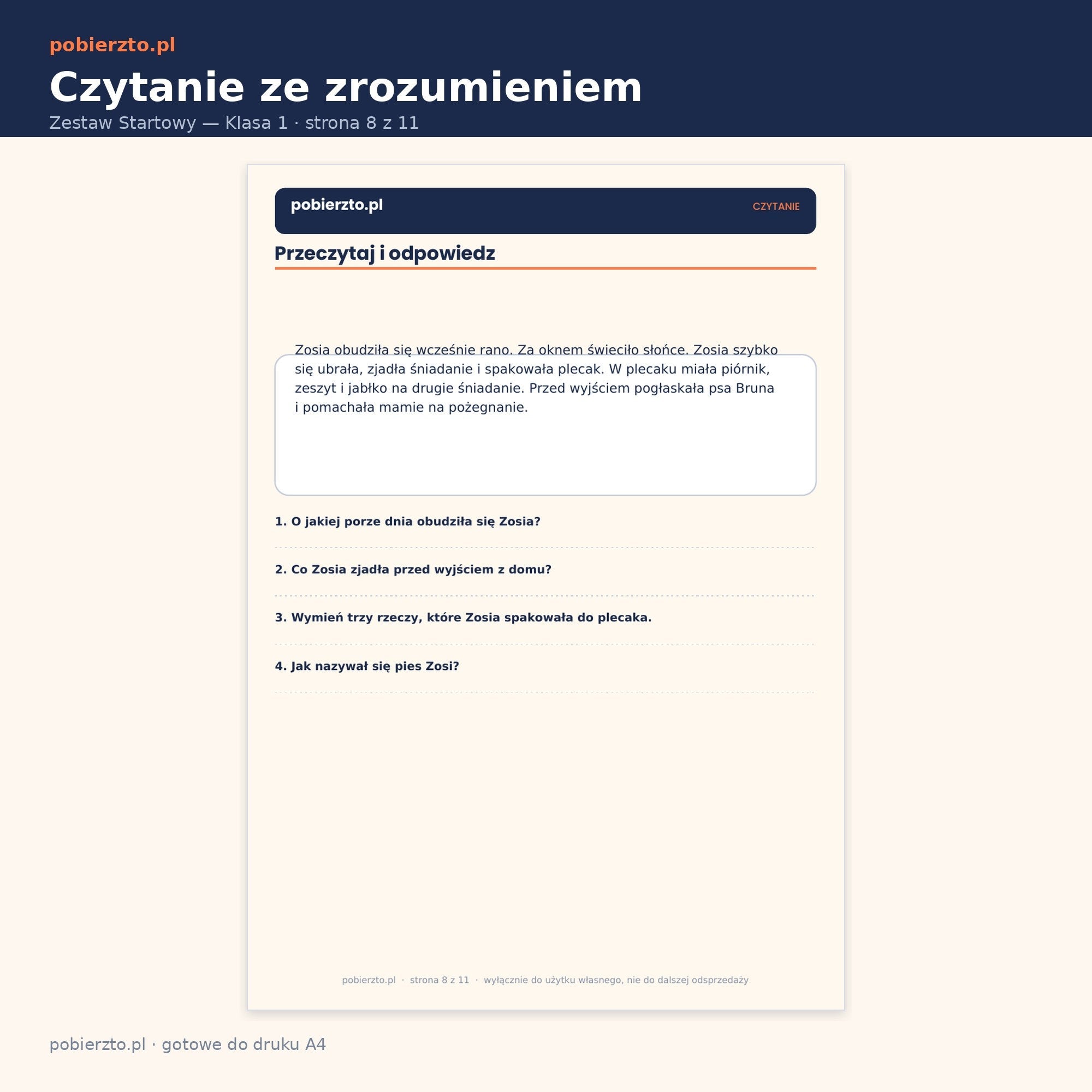Karta pracy — czytanie ze zrozumieniem z pytaniami